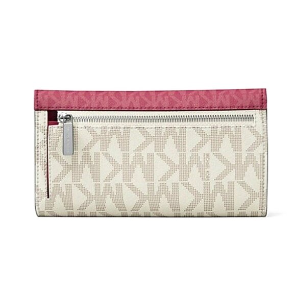 New Michael Kors Jet Set Travel Large Logo Trifold Wallet Dark Raspberry Multi - Picture 2 of 4